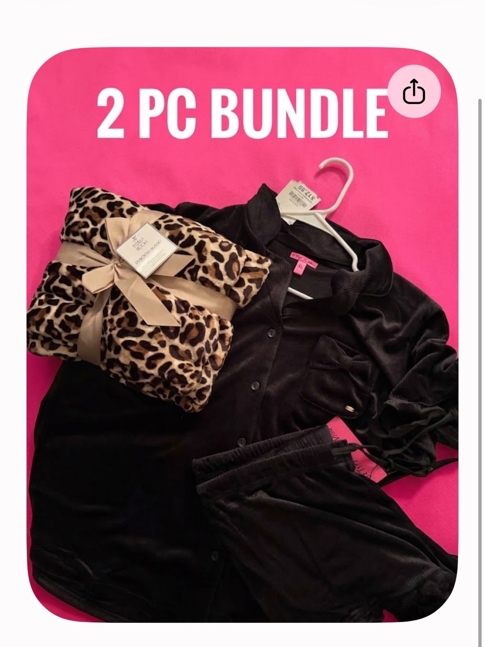 Betsey Johnson Black Velvet Pajama Top and shorts nwt xl leopard blanket 2 pc